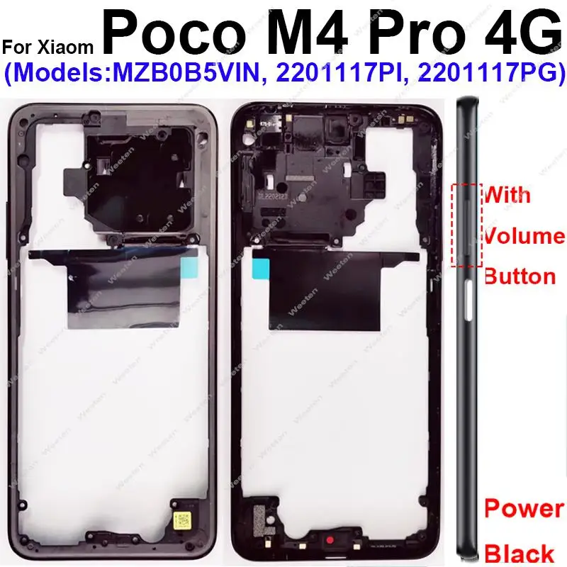 Middle Frame Housing For Xiaomi Poco M4 Pro M4Pro 4G 5G Front LCD Frame Middle Holder Cover Bezel with Lens Frame Volume Key