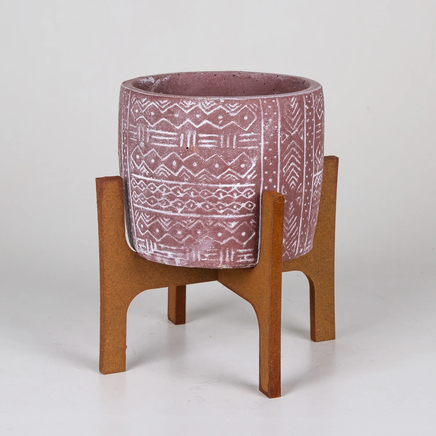 Ethnic patterned burgundy concrete flower pot 14x20 Cm