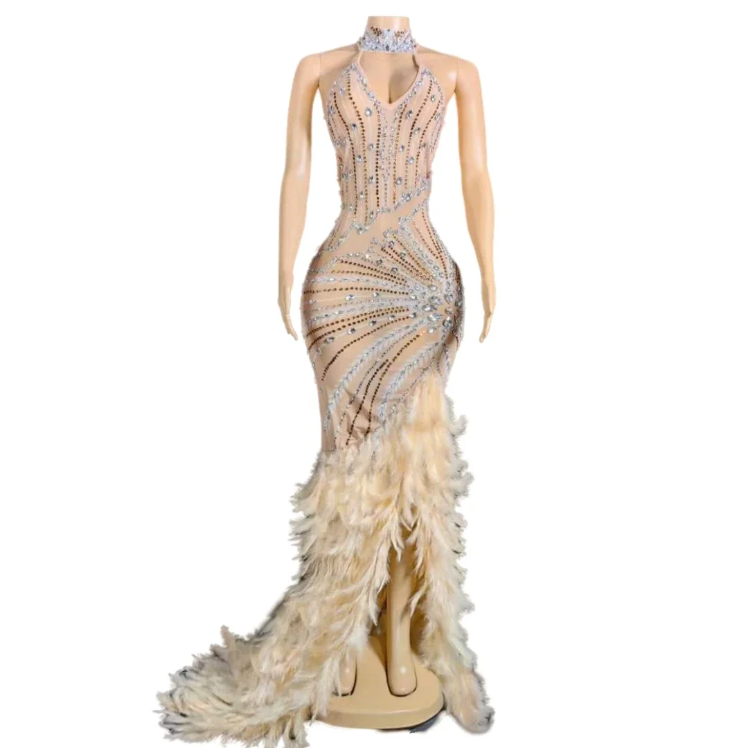 

Sexy Backless Feather Rhinestone Long Dress For Women Birthday Party Queen Night Evening Prom Sleeveless Crystals Dresses