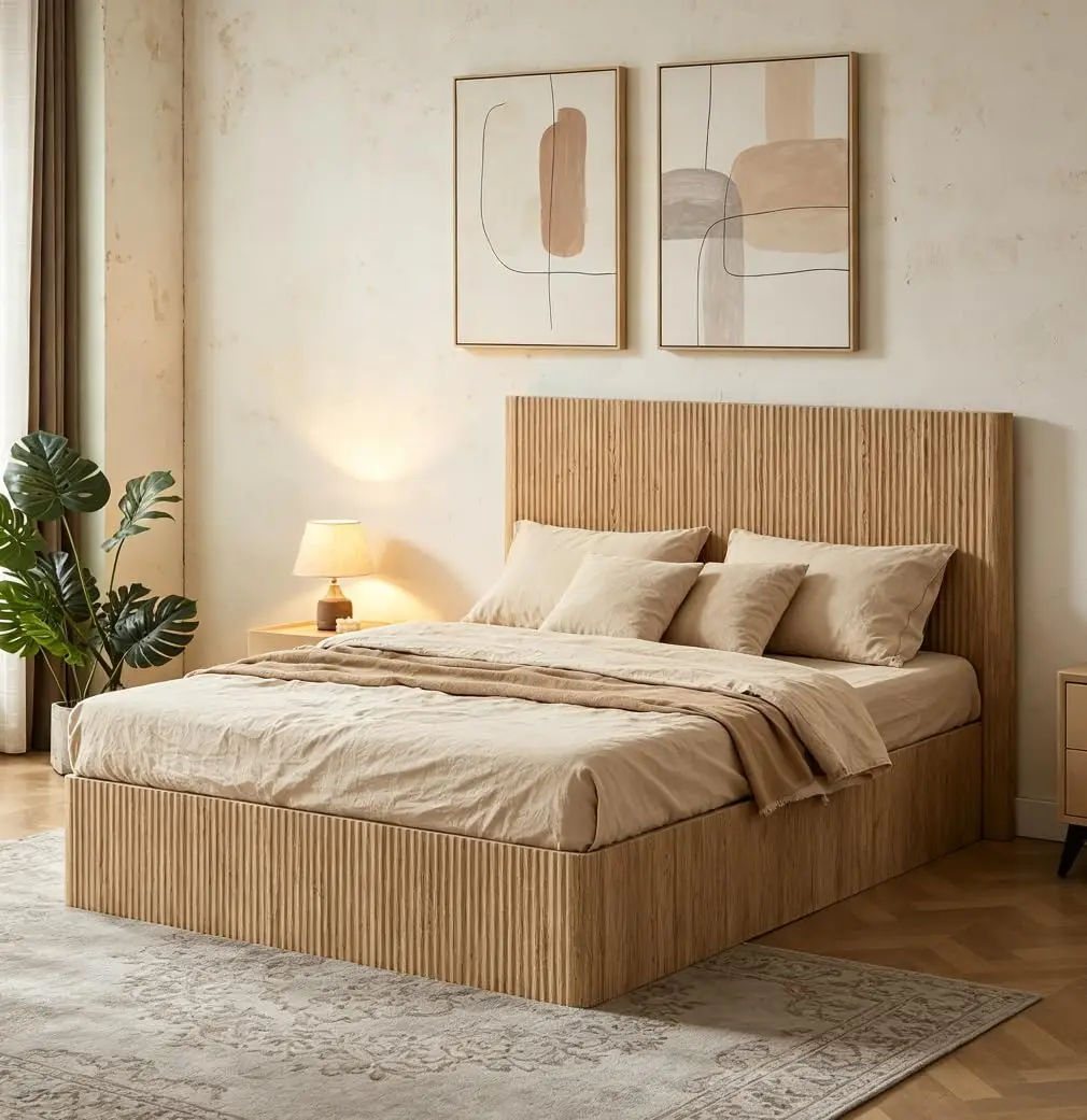Queen Storage Bed Oak Wood Metal Lift Up Hydraulic Bedframe Curved Lines, Customized