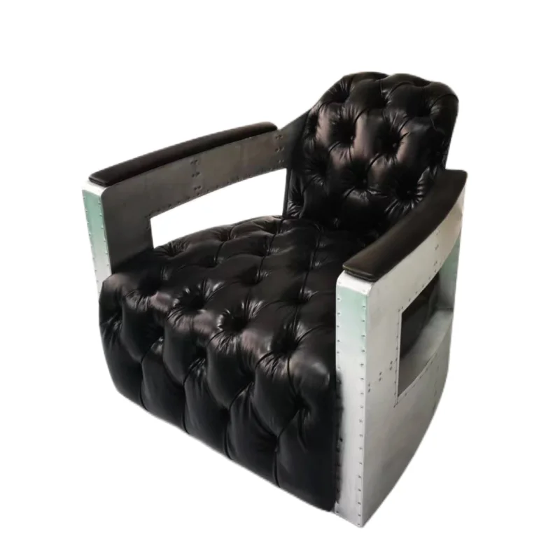Aviation Chair Buttons Tufted Vintage Leather Armchair Top Grain Leather Aluminium Armrest Accent Chair Living Room Club