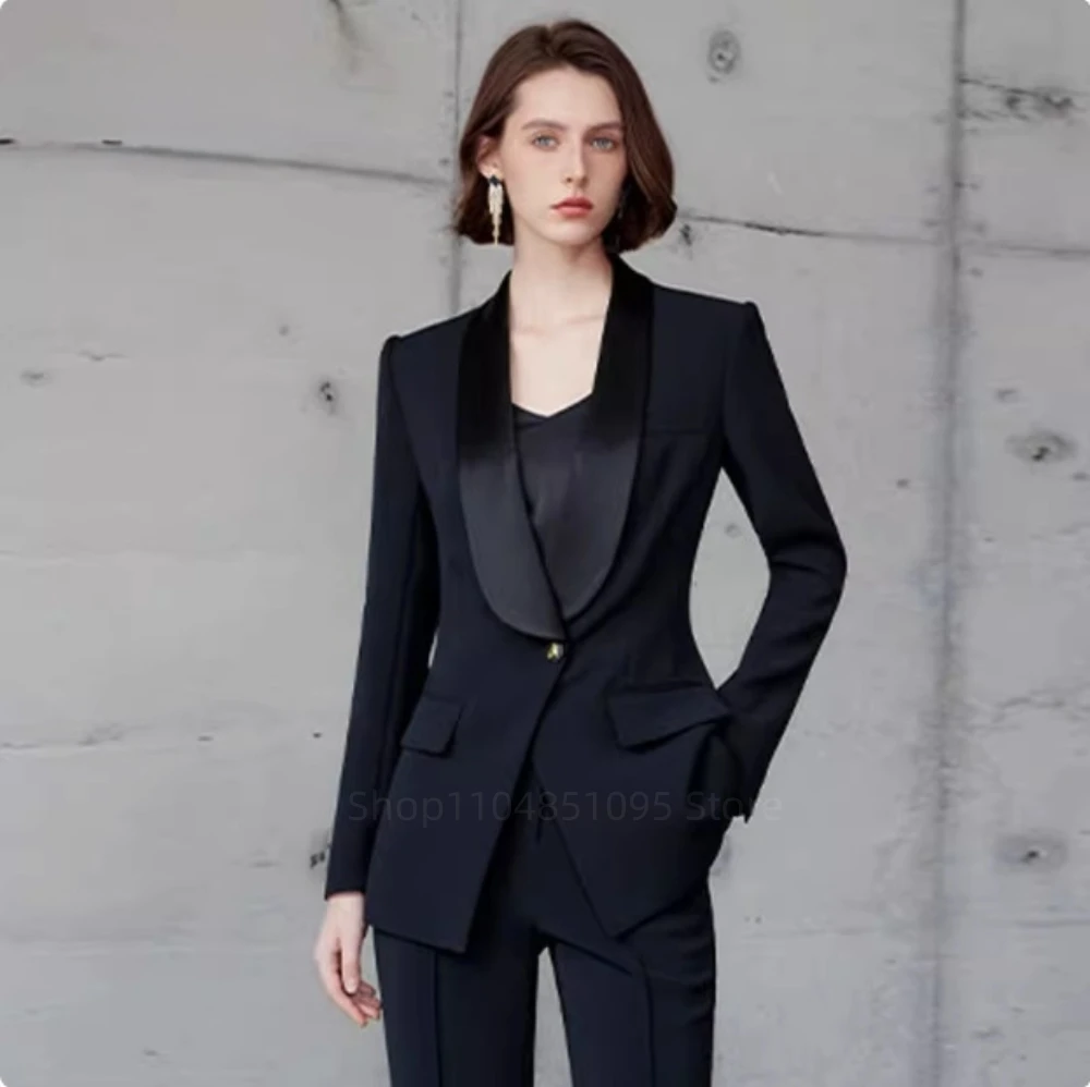 

2 Piece Navy Blazer Pantsuits Set for Women Office Ladies Business Single Buttons Shawl Lapel Formal Spring Autumn Pant Suits