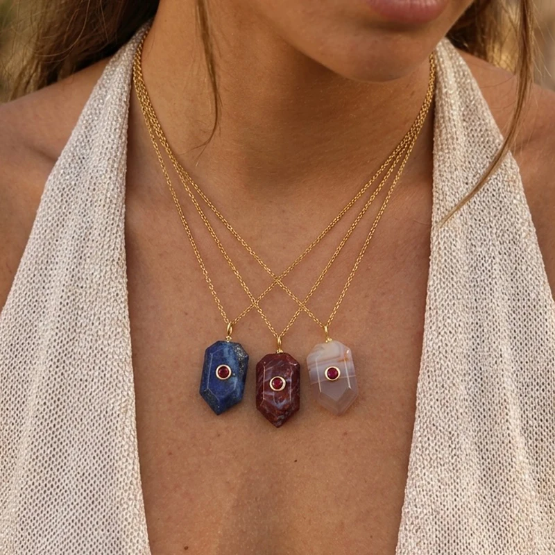 Natural Diamond Shaped Pointed Bottom With Edging and Red Gemstone Pendant Titanium Steel Necklace