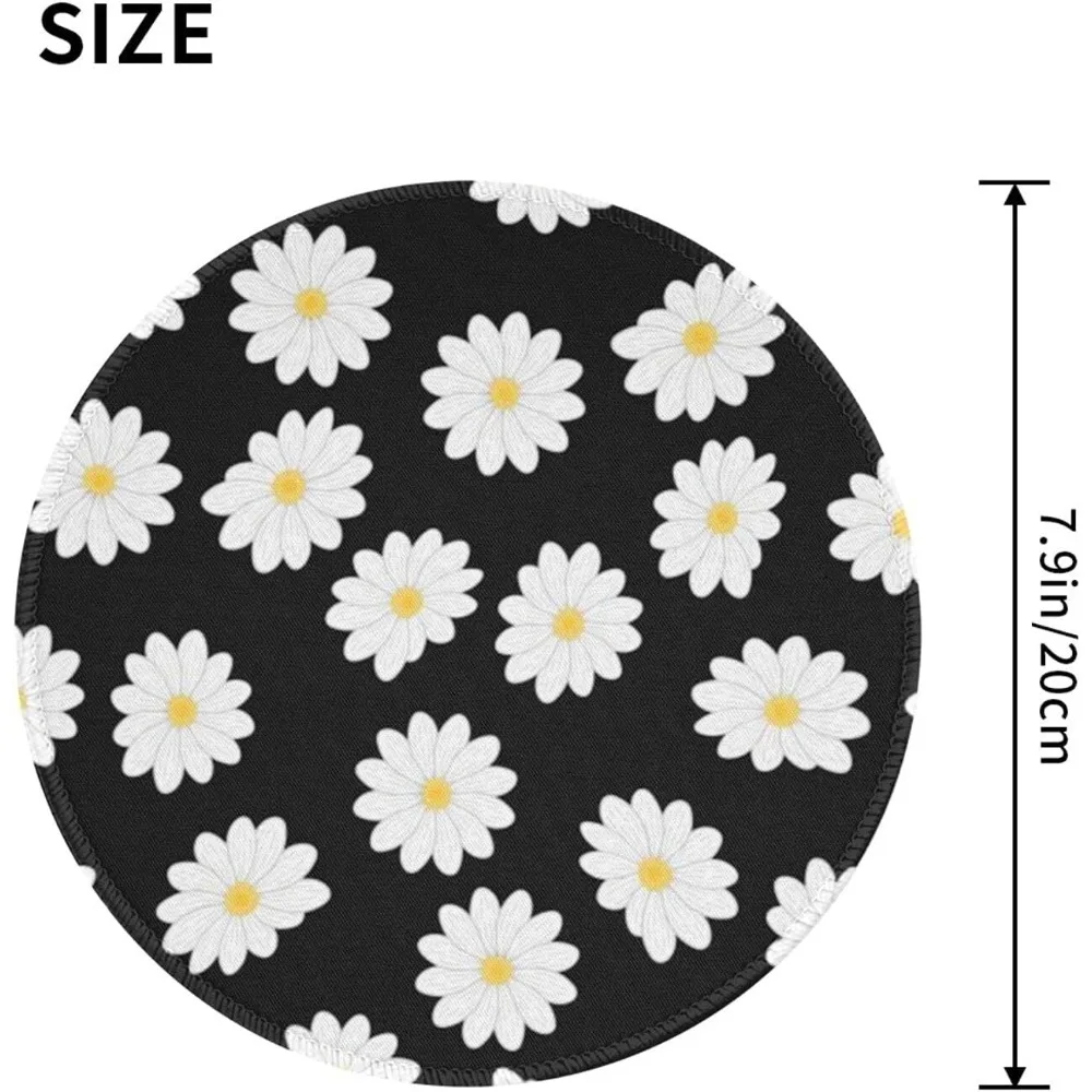 Alfombrilla de ratón redonda para juegos con estampado de margaritas blancas de 8 pulgadas con base de goma antideslizante y borde cosido