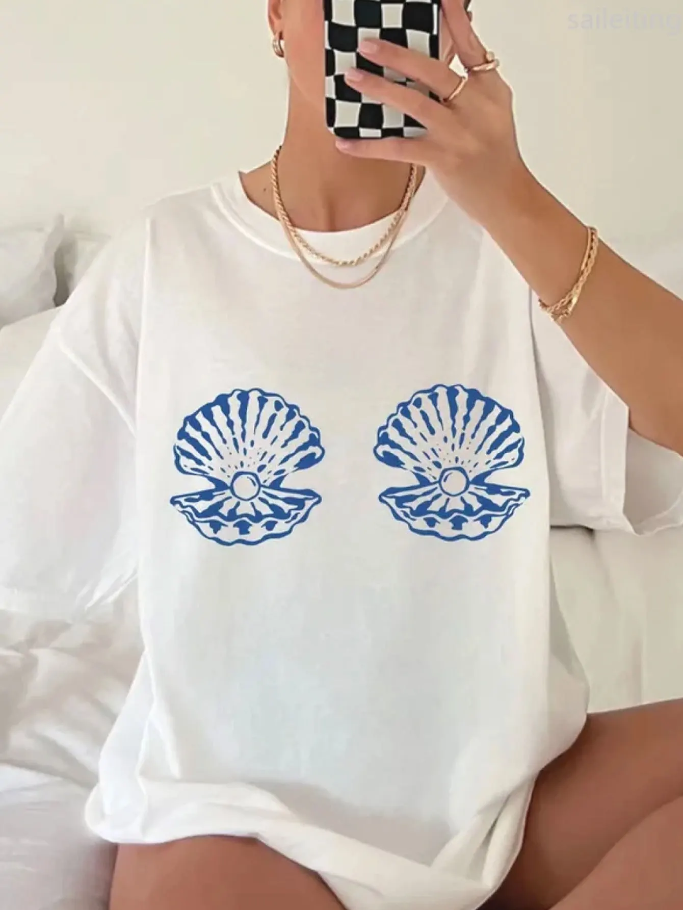 Camiseta con estampado de concha blanca y azul para mujer Top de manga transpirable con perla para trajes de playa de spring
