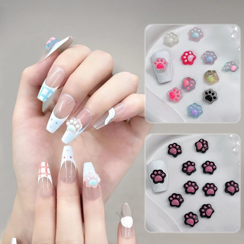 20Pcs 3D Luminous Cat Paw Nail Charm Resin Cartoon Transflective Manicure Ornaments Mini 3D Nail Art Decoration