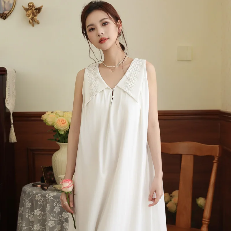

Shoulder Strap Camisole Nightgown Women's Summer French Lace Comfortable Sleepwear Long with Chest Cushion Home Clothes Cotton