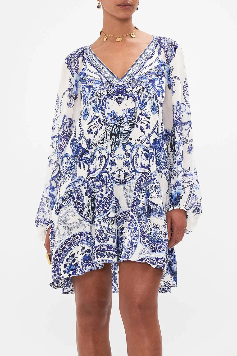 100% Silk Women V-Neck Beaded Blue Flower Printed Full Sleeve Mini Dress