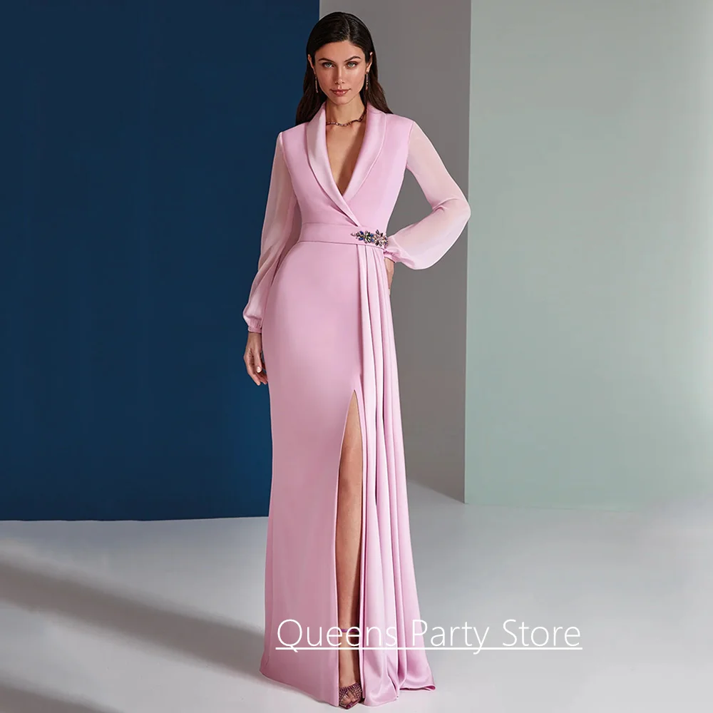 

Customized Mother of The Bride Dress Elegant Deep V Neck Puff Sleeves Beading Belt Split Mermaid Wedding Guest Gown