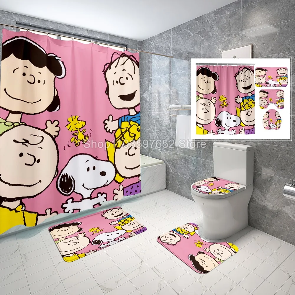 Snoopy Shower Curtain Bath Mats 4 Set Piece Various Sizes Kawaii Bathroom Cartoon Great Gift Kids Cute 100% Polyester