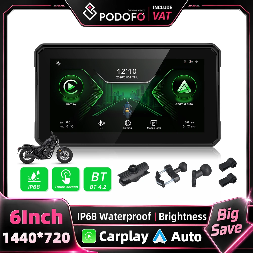 Podofo 6 Zoll Motorrad-Navigations-DVR-Monitor IP67 Wasserdichter Touchscreen Tragbares Multimedia-Gerät Unterstützt Carplay Android Auto Bluetooth-Verbindung
