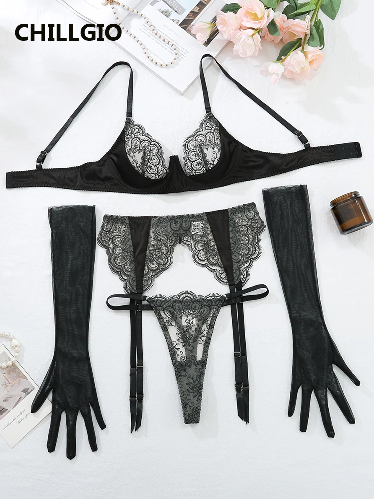 CHILLGIO Women Lace Sexy Lingerie Embroidery Luxury Party Underwear Set Hot Corselet Erotic 4 Piece Push Up Underwear Thongs Set