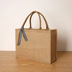 New linen tote bag large capacity tote bag bow tie shoulder bag picnic travel storage bag