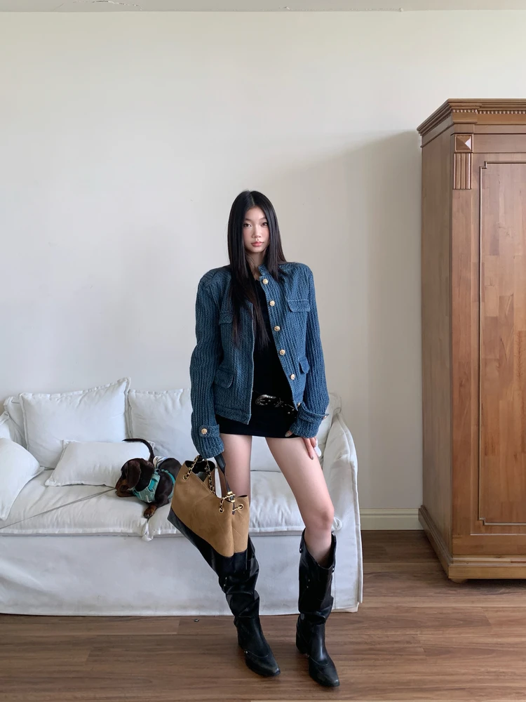 

Slim Fit Casual Blue Denim Jaet Women's 2025 New Autumn Sle Withmin Casual Series Long Sve round Ne Straight Hem