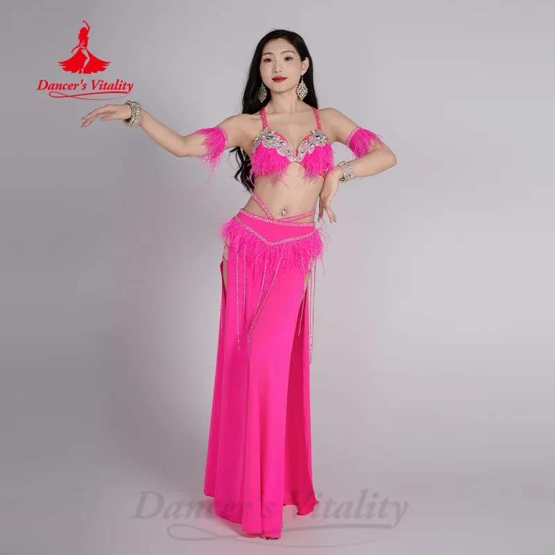 Kostium BellyDance dla kobiet dostosowany luksusowy biustonosz ze strasami + długa spódnica z frędzlami z piór 2 szt. Strój do tańca orientalnego