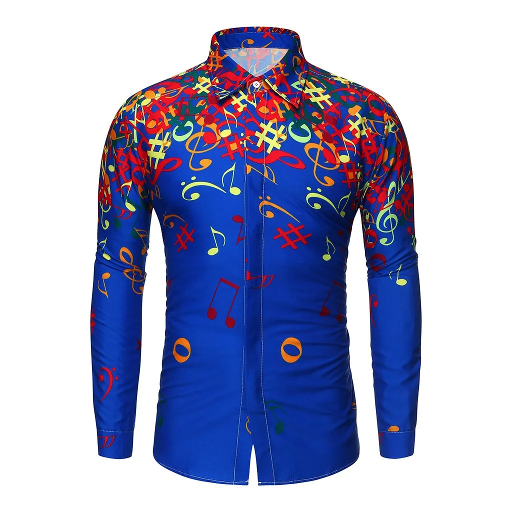 Men Casual Shirt Novelty Musical Note Pattern Harajuku Autumn Fashion Blouses Long Sleeve Design Slim Fit Top