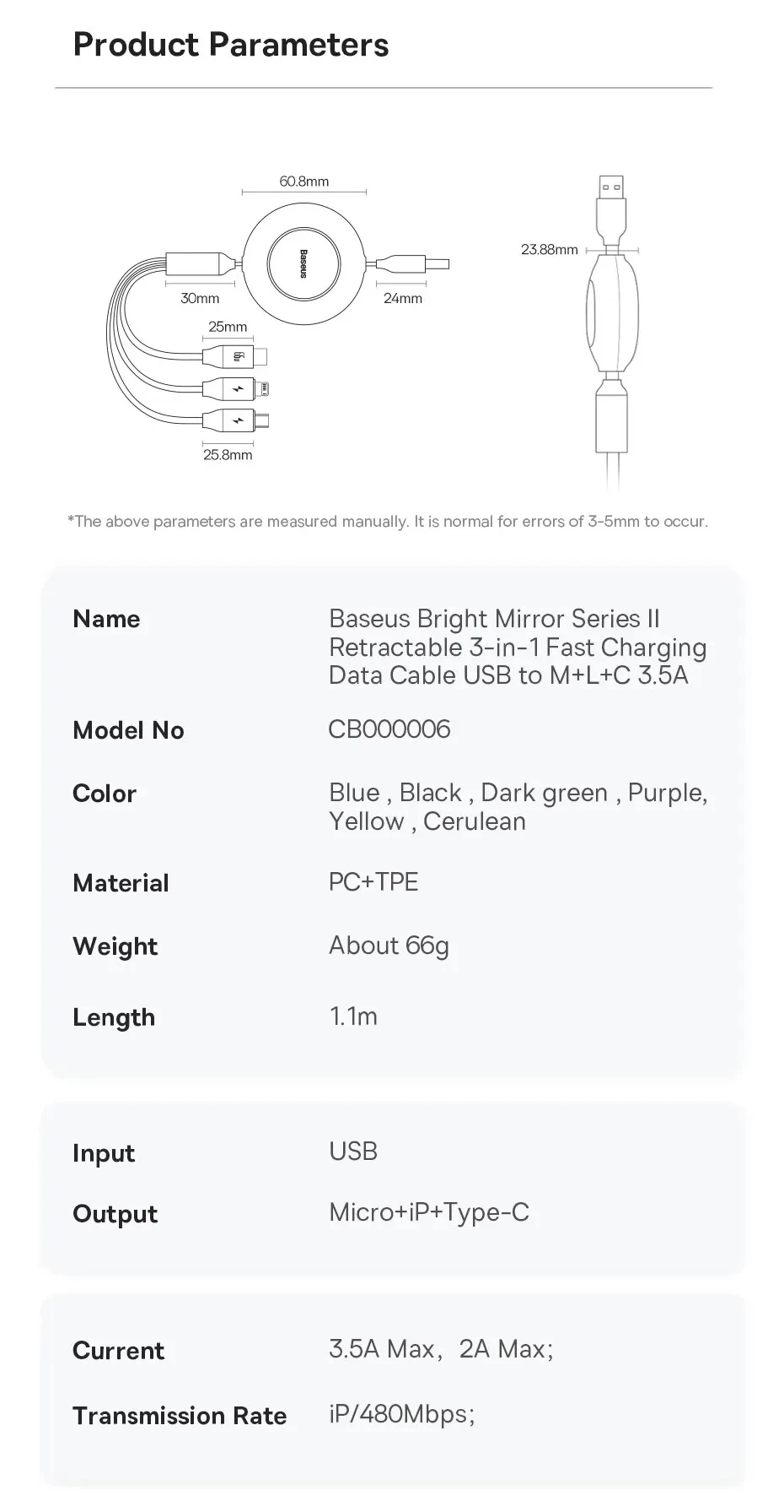 Baseus 3 in 1 Retractable USB Cable for iPhone Charger Fast Wire Charging Cable For Android Phone Type C For Xiaomi Samsung