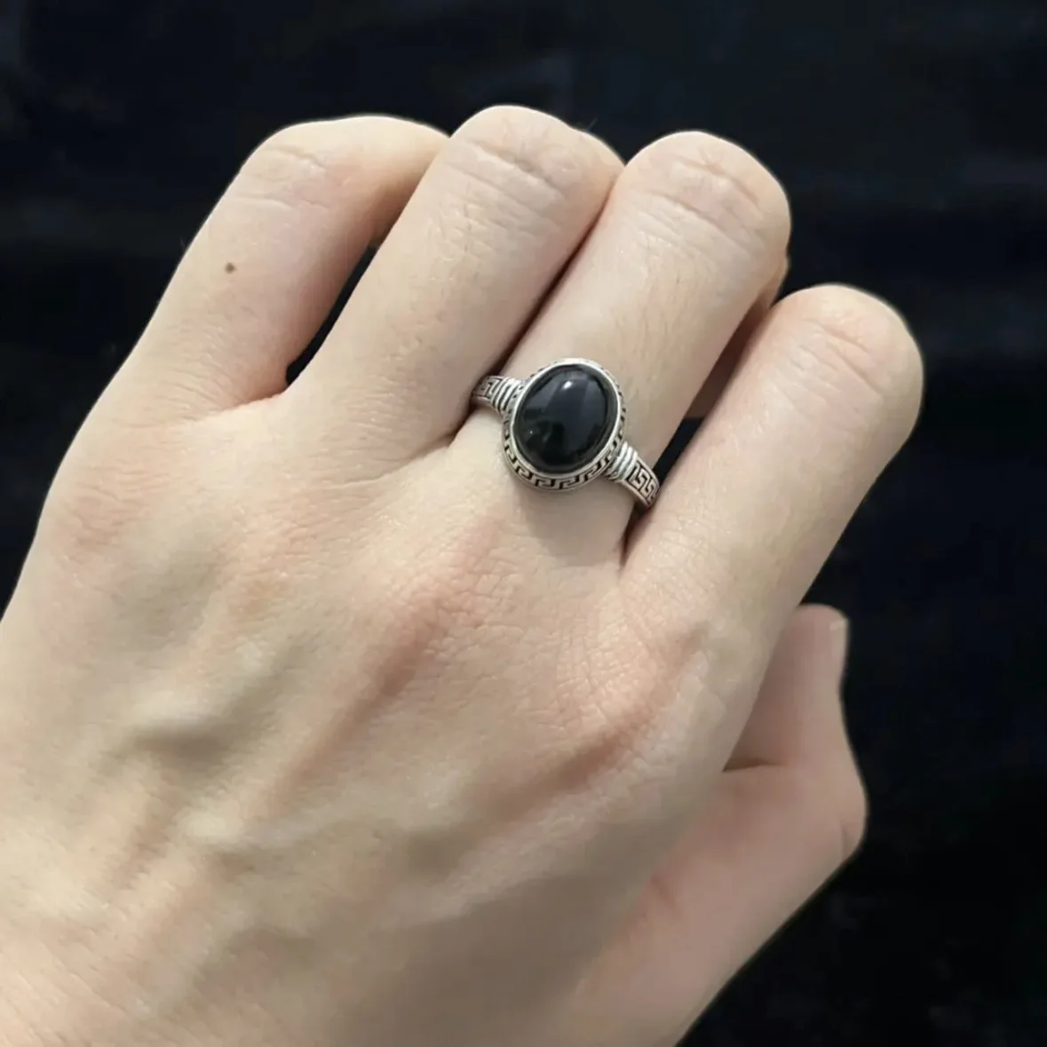

Vintage 925 Sterling Silver Black Onyx Turquoise Adjustable Ring with 8*10MM Natural Stone Rings Fine Jewelry for Women