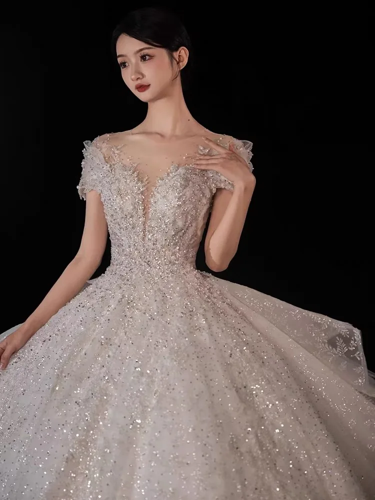 ชุดเจ้าหญิง ชุดแต่งงานที่กําหนดเอง เจ้าสาวสไตล์ใหม่ ชุดหลัก ชุดรถไฟเนื้อระดับไฮเอนด์