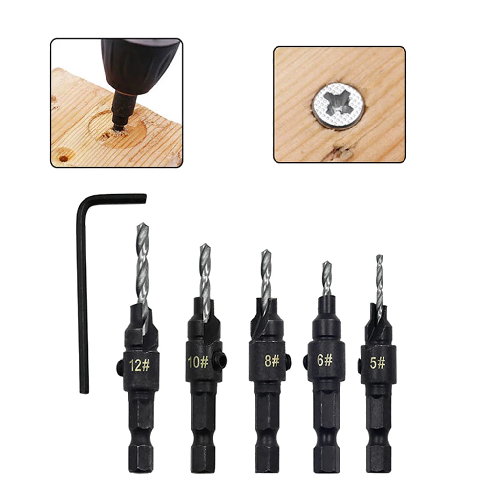 5PCS Shank Countersink Drill Bits Set Screw Carpentry Chamfer Hole Opener Woodworking Drill Punch Tools B