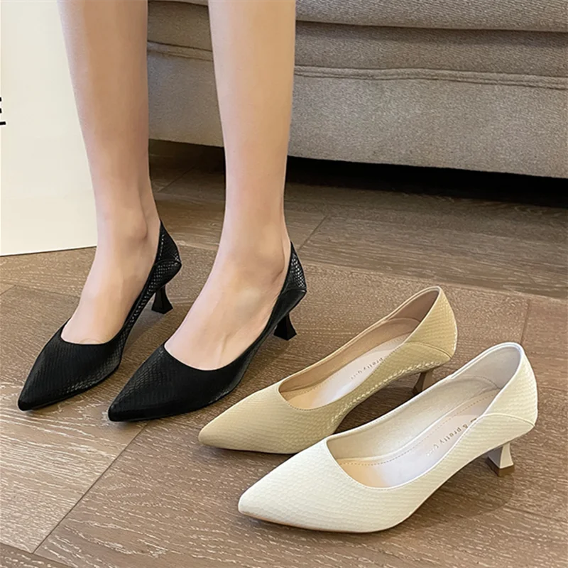 Women Low Cutter Microfiber kitten High Heels Shoes 5.5cm Black Khaki Slip-On Elegant OL Dress Pumps 35-45 27cm Chaussure Newest