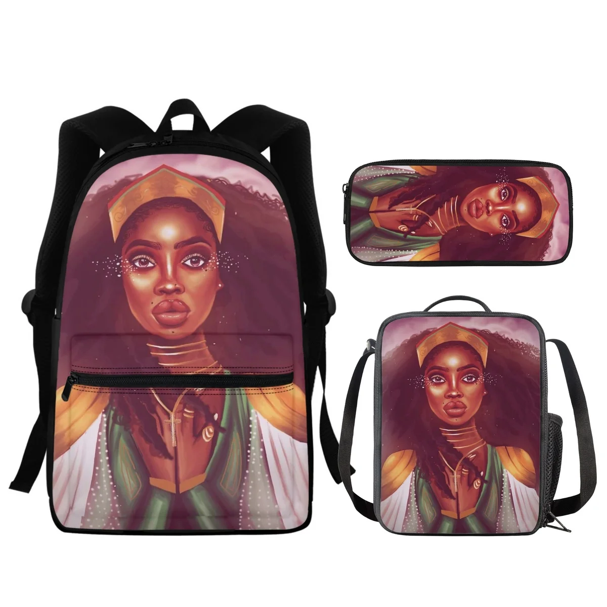 FORUDESIGNS Melanin Queen Backpacks 3Pcs/Set Afar Tribe Girl Meal Bag Students Schoolbags Multipurpose Pencil Case Camping Trip