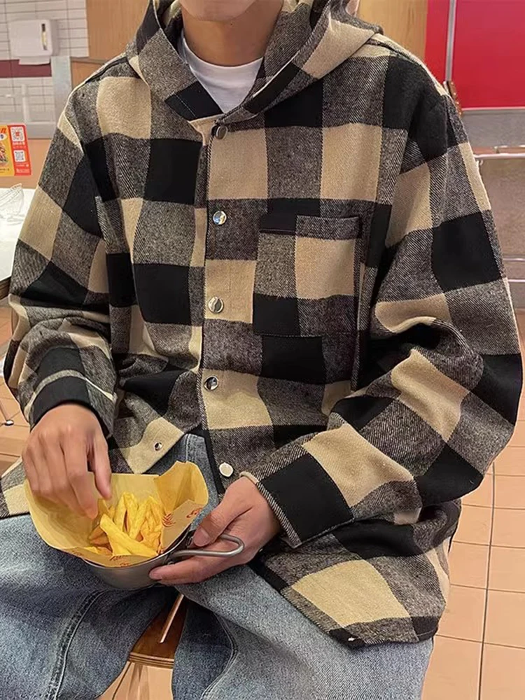 

Модная мужская рубашка в клетку с длинным рукавом, весенне-осенняя, с капюшоном, классического кроя, в американском ретро-стиле, Cleanfit, повседневная, свободного кроя, на пуговицах