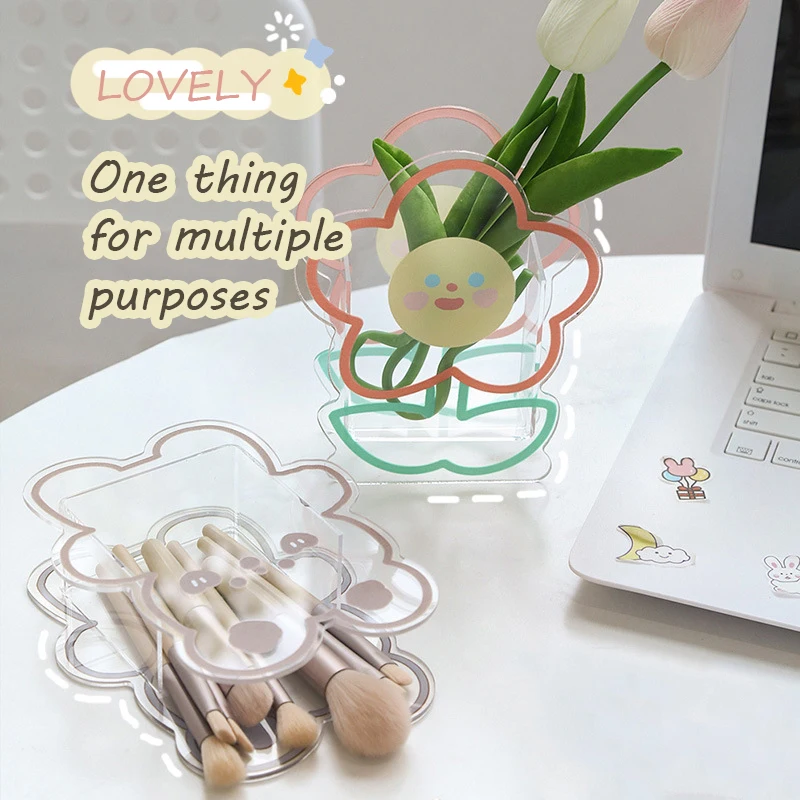 Kawaii Pen Holder Creative Cute Desk Organizer Cartoon Acrylic Transparent Stationary Storage Box Students School Office Supply view 3