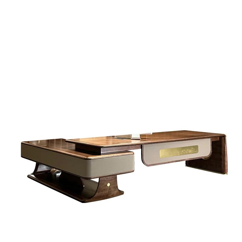 

Новый китайский стол начальника из цельного дерева, офисный стол из черного ореха и стул, комбинированный президентский стол