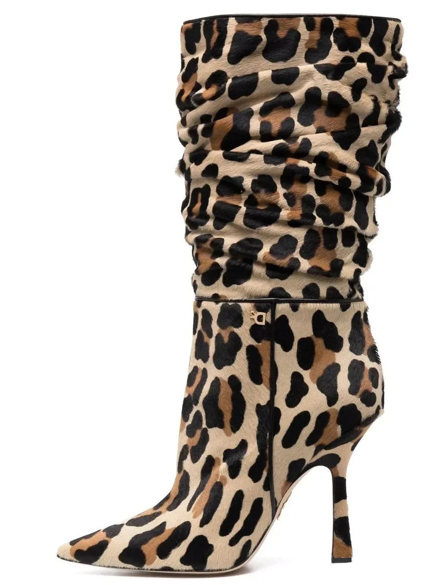 2025 New Leopard Print Mid-tube Boots Profiled High Heel Side Zipper Boots Women's Gold Black Pointed Toe Pleated Boots