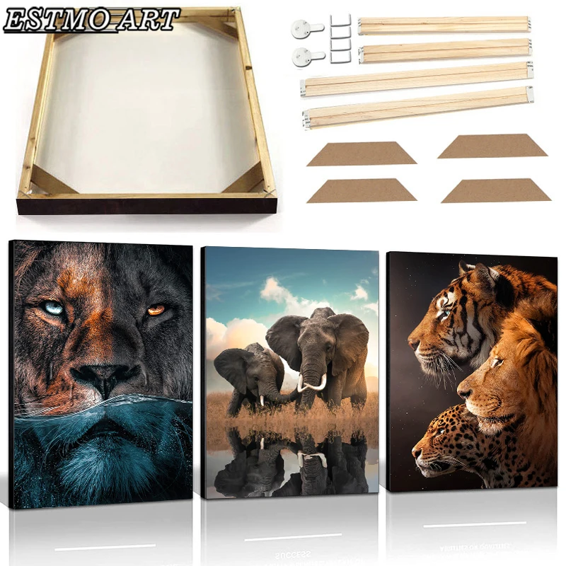 Canvas Prints Jungle Wild Animals Poster With Frame Tiger Elephant Lion Painting Wall Art Canvas Print Picture For Living Room H