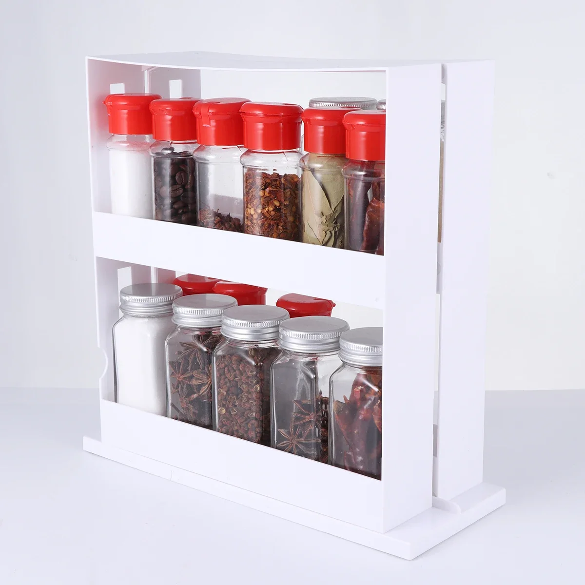 2 Layer Kitchen Storage Slide Cabinet Rotating Organize Spices Jar Bottle Storage Rack Kitchen Bottle Storage Organizer Shelves