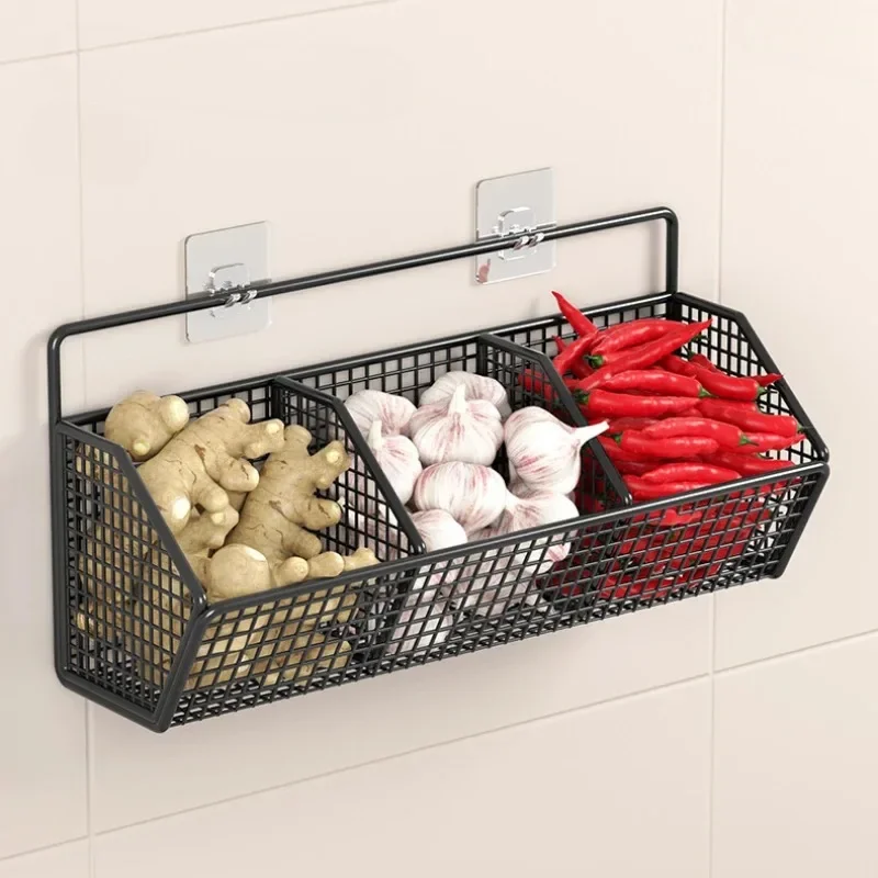 Kitchen Compartment Condiments Onion Ginger Garlic Iron Storage Box Kitchen Wall-mounted Organization and Storage Wall Rack