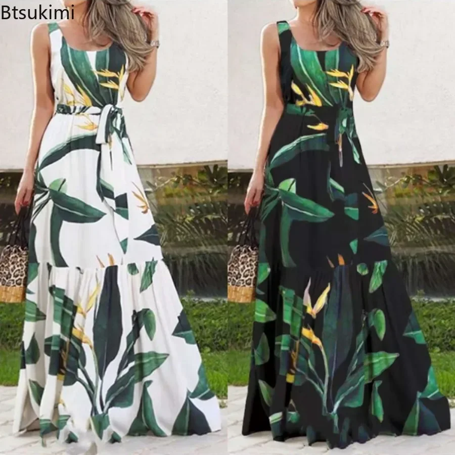 

2025 Women's Summer Sleeveless Print Long Dresses Bohemian Slim Lace Up Big Hem Pleated Dress Vintage Vacation Maxi Dress Femme