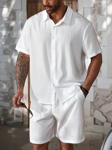 AliExpress Bestseller Men's White Vertical Textured Shirt & Shorts 2-Piece Set, Island Vacation Relaxed Style, Breathable Draped