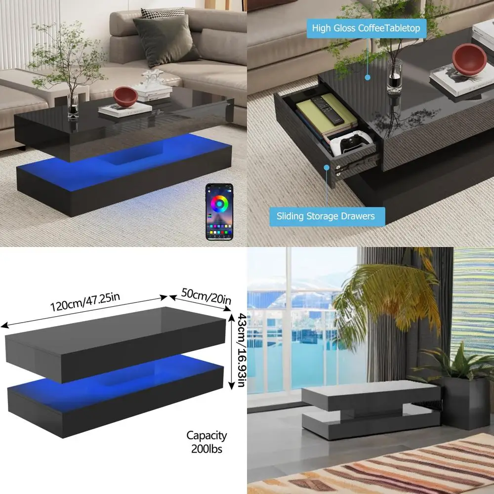 

Large Glossy LED Coffee Table 47.3in with 2 Drawers, Modern Black/White Living Room Furniture for Stylish Living
