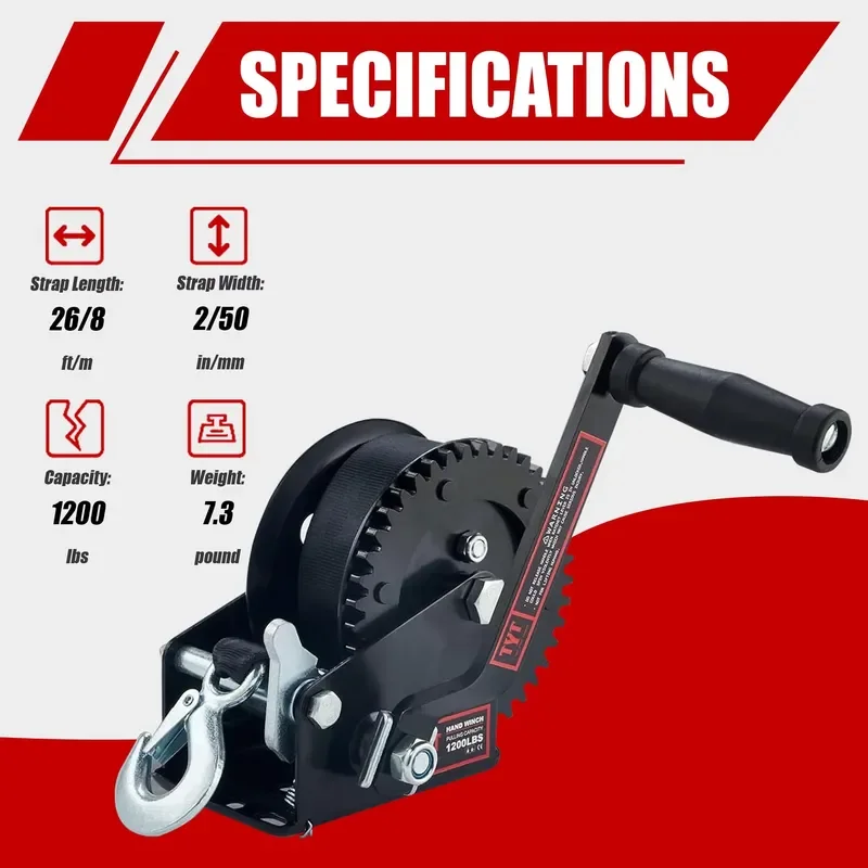 1200LB Manual Winch Boat Trailer Hand Crank Winch with 8M Black Rope Hook Standard Mounting Hole for Marine ATV UTV Off Road