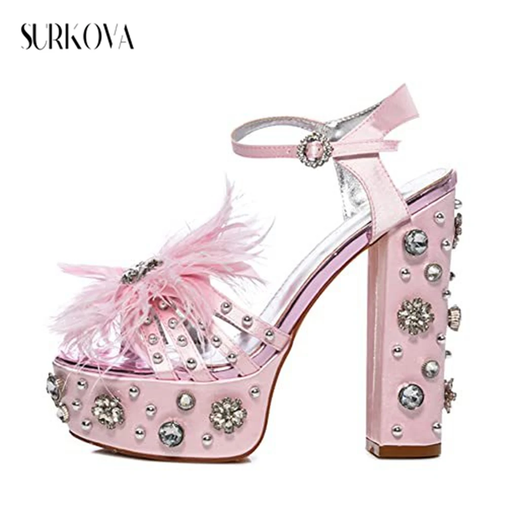 

Bejeweled High Heel Sandals Ornate Feather Narrow Band Platform Open Toe Sandals Solid Slingback Chunky Heels Women Dress Shoes