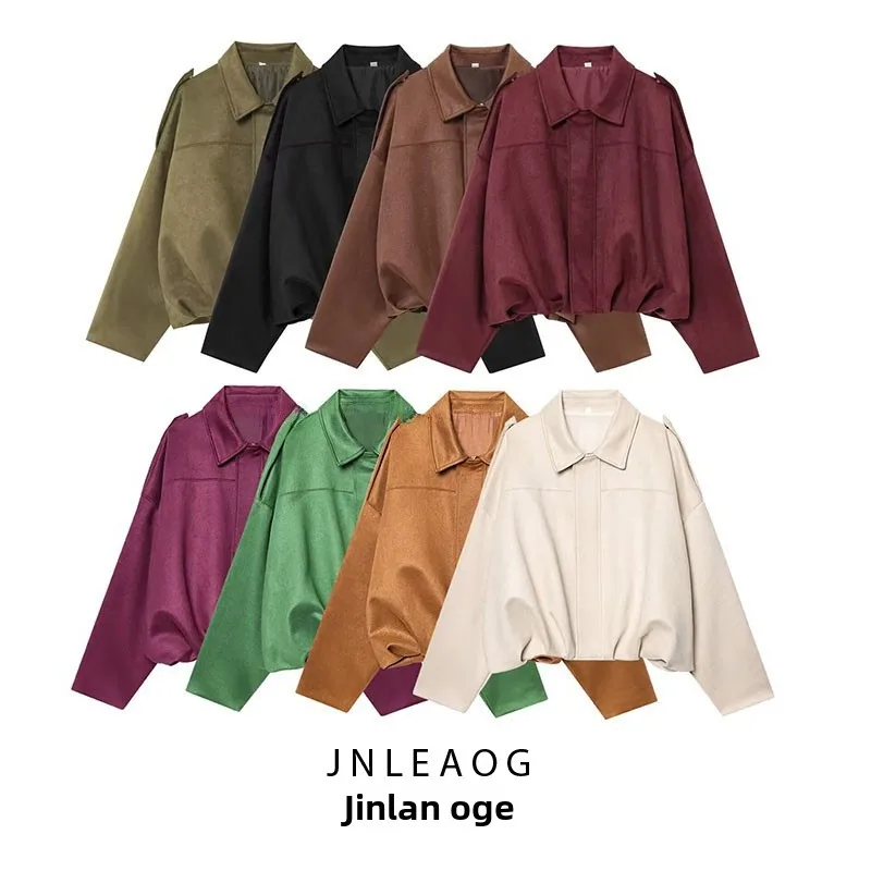JNLEAOG Spring New Women's Faux Suede Texture Pilot Jaet Outerwear Loose Fit Long Sve Zipper Closure  Collar Pure Color