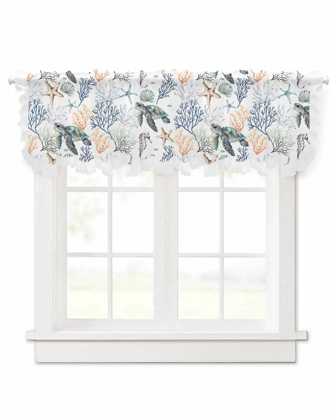 Summer Ocean Turtle Coral Short Tulle Half Curtains for Living Room Kitchen Door Cafe Window Sheer Valance Drapes