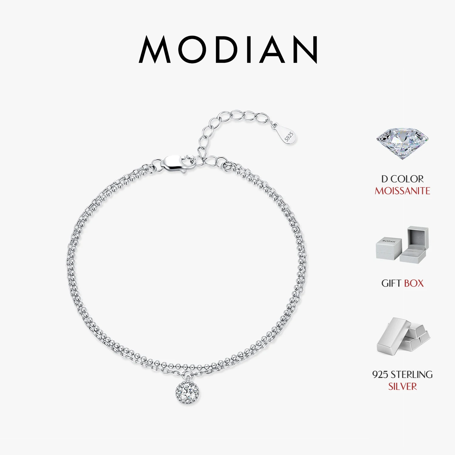MODIAN 0.5CT Moissanite Bracelet 925 Sterling Silver Exquisite Shiny Pendant Multi-Layer Bracelet for Women Stackable Jewellery