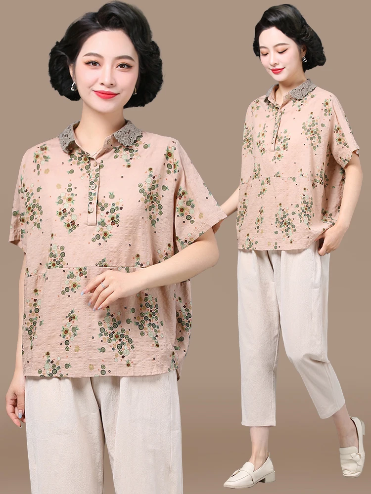 

Модный комплект из хлопка и льна: рубашка с коротким рукавом и брюки для женщин среднего возраста, летний трендовый топ для молодых мам