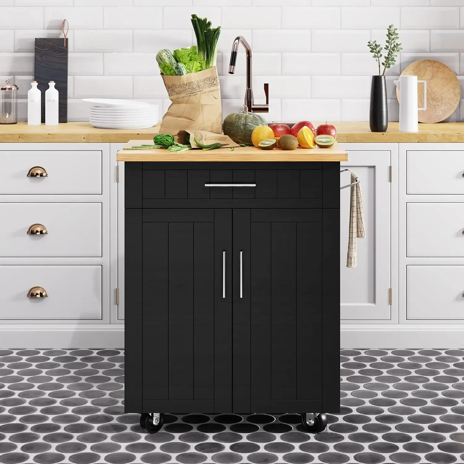 Shintenchi Kitchen Island Cart with Storage,Rolling Kitchen Island Side Table on Wheels with Worktop,Single Door Storage Cabinet