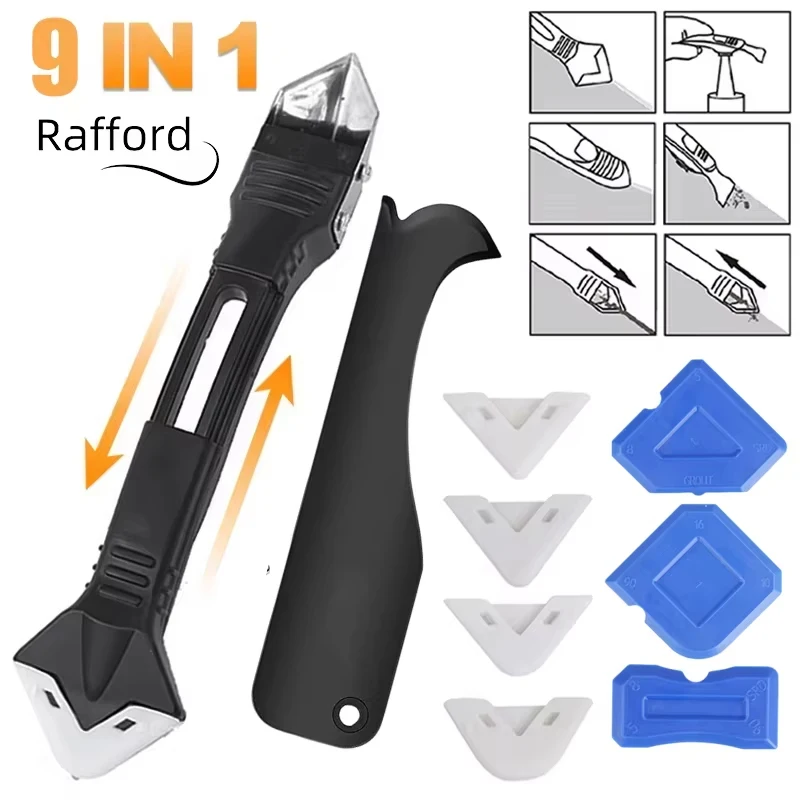 9 in 1 Metal Head Silicone Scraper Squeegee Glue Remover Knife Caulking Angle Beauty Crack Trowel Tool Grout Scraper Kit