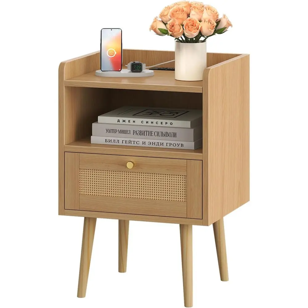 

Elegant Rattan-Style Nightstand with Charging Station and Open Storage for Bedroom, Living Room, or Dorm - Natural Wood Finish