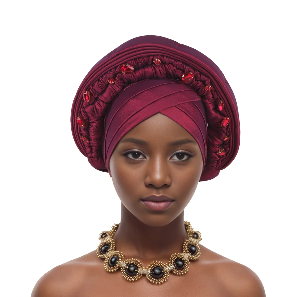 African Autogele Headtie Raw Silk Diamonds Head Wraps Women Turban Cap Nigeria Wedding Geles Party Headpiece Turbante Mujer