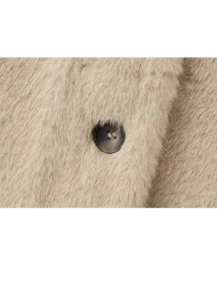 TRAZFA Women's Autumn New Fashion khaki Plush Faux Fur Effect Cropped Heavy Jacket Female Crew Neck Single Breasted Casual Coat