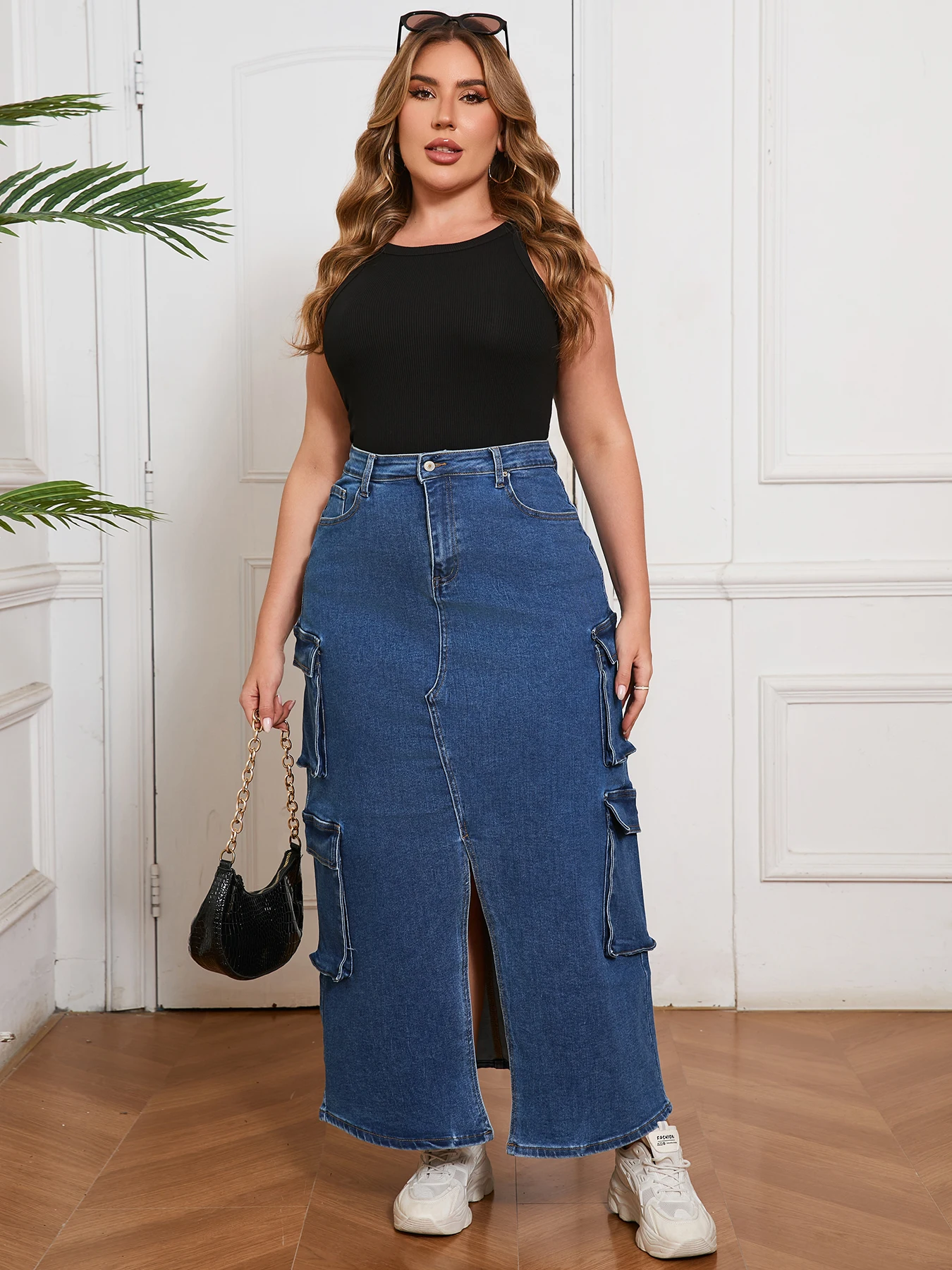 Stylish Women's Denim Cargo Skirt - High Waist Long Jeans with Functional Pockets, Must-Have Women's Clothing