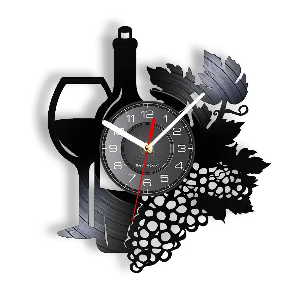 

Wine Bottle with Wine Glass Grape Cluster Vinyl Record Wall Clock Home Bar Winery Decor Kitchen Still Life Vinyl Album Clock