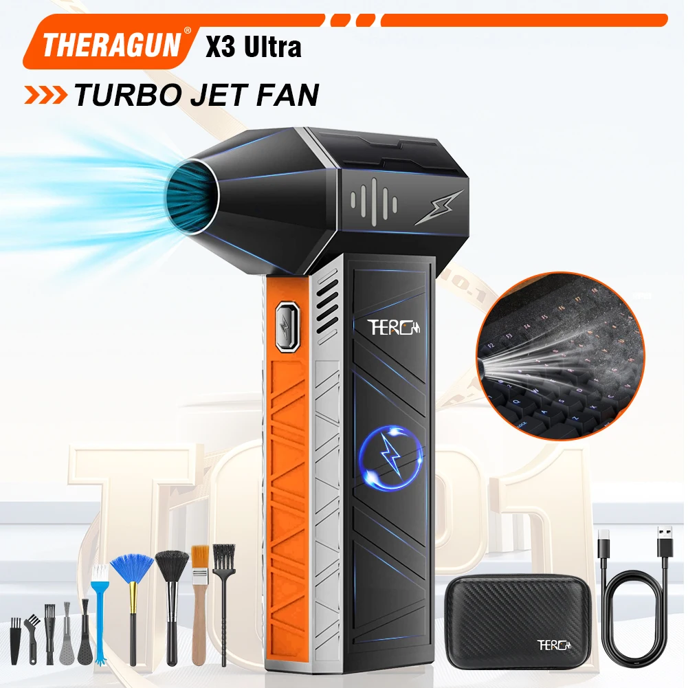 THERAGUN Updated X3Ultra Turbo Jet Fan, Mini Handheld 180000RPM Powerful Compressed Air Duster for Car Dryer/PC/House Cleaning